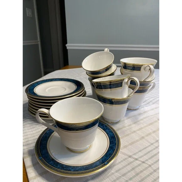 Royal Doulton Biltmore Blue Gold Rimmed Coffee Tea Cups & Saucers 18pc - Picture 3 of 12